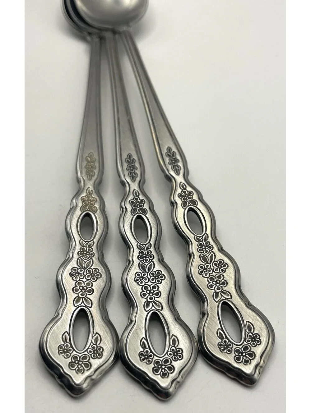 3- Oneida Community FANTASY Burnished Stainless Pierced Iced Tea spoon ~ 7 5/8”